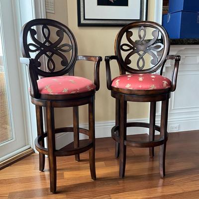 720 Pair of King Group Swivel Mahogany Bar Stools