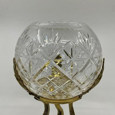 727 Cut Crystal Bowl With Brass Dolphin Stand