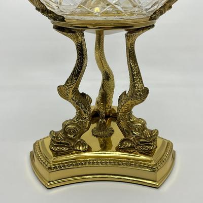 727 Cut Crystal Bowl With Brass Dolphin Stand