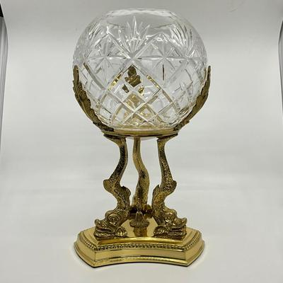 727 Cut Crystal Bowl With Brass Dolphin Stand