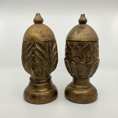 729 Pair of Wooden Decorative Artichoke/Leaf Urns