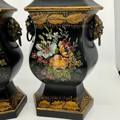 731 Pair of Hand Painted Black Double Handle Urns