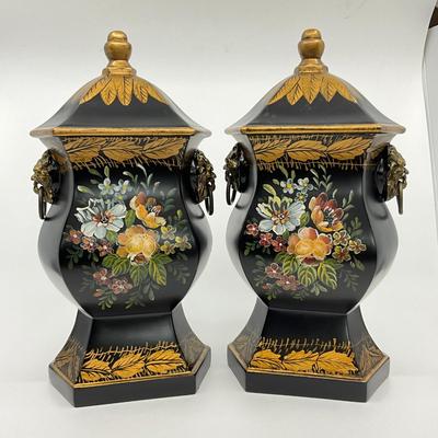 731 Pair of Hand Painted Black Double Handle Urns