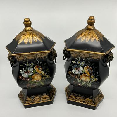 731 Pair of Hand Painted Black Double Handle Urns