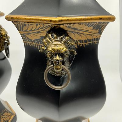731 Pair of Hand Painted Black Double Handle Urns