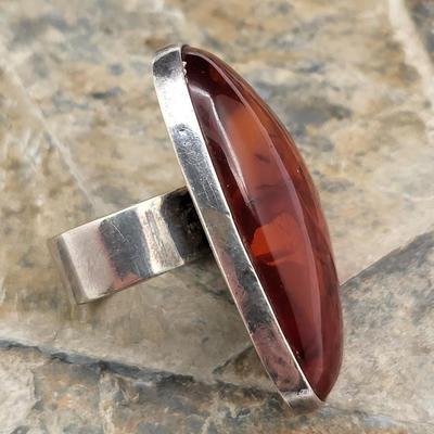Large Natural Amber Bean-Shaped Ring 925 Silver 14.2gr