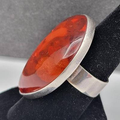Large Natural Amber Bean-Shaped Ring 925 Silver 14.2gr