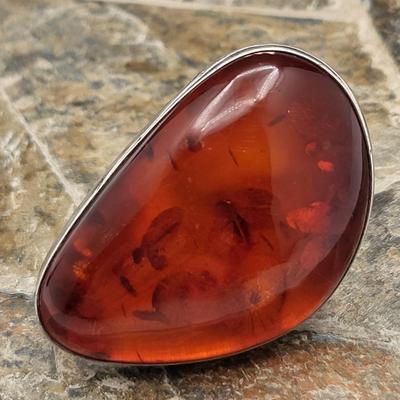 Large Natural Amber Bean-Shaped Ring 925 Silver 14.2gr
