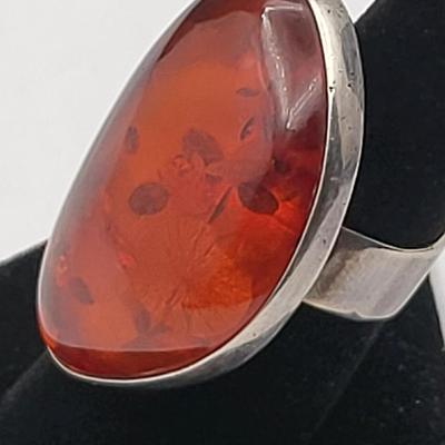 Large Natural Amber Bean-Shaped Ring 925 Silver 14.2gr