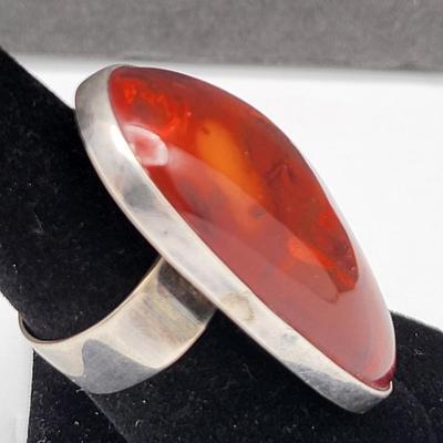 Large Natural Amber Bean-Shaped Ring 925 Silver 14.2gr
