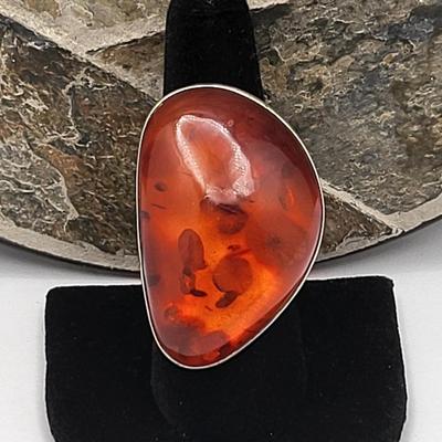 Large Natural Amber Bean-Shaped Ring 925 Silver 14.2gr