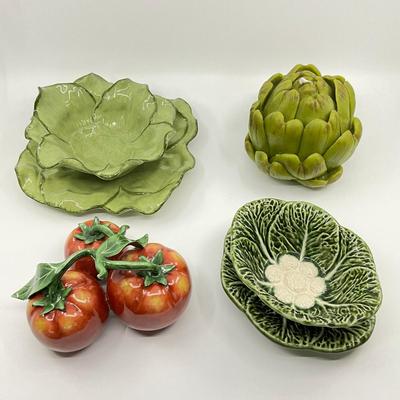 770 Signed Ceramic Tomatoes, Majolica Lettuce Bowl, Artichoke Candle, and Pottery Barn Bowl