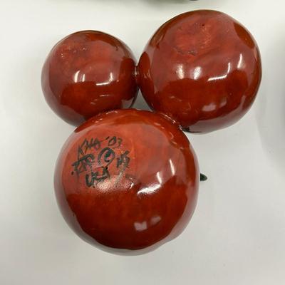 770 Signed Ceramic Tomatoes, Majolica Lettuce Bowl, Artichoke Candle, and Pottery Barn Bowl