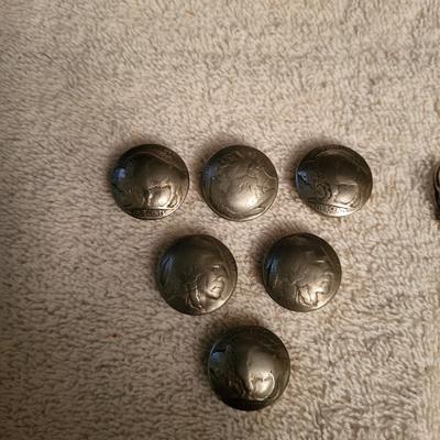 BUFFALO NICKEL BUTTON COVERS AND 2 PAIRS OF STERLING EARRINGS