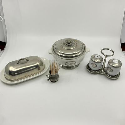 771 Italian Pewter Salt & Pepper Shakers, Butter Dish, Sugar Bowl, and Tooth Pick Holder