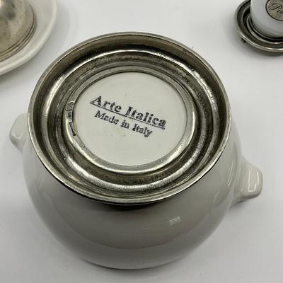 771 Italian Pewter Salt & Pepper Shakers, Butter Dish, Sugar Bowl, and Tooth Pick Holder