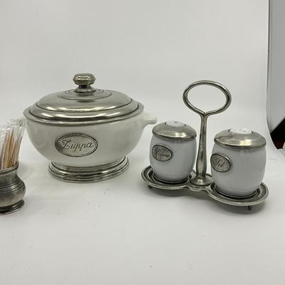 771 Italian Pewter Salt & Pepper Shakers, Butter Dish, Sugar Bowl, and Tooth Pick Holder