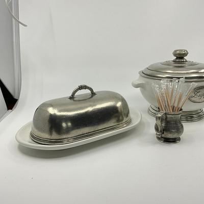 771 Italian Pewter Salt & Pepper Shakers, Butter Dish, Sugar Bowl, and Tooth Pick Holder