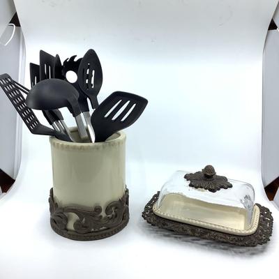 774 Ceramic Kitchen Utensil Holder With Metal Base & Butter Dish Both Made by Gracious Goods