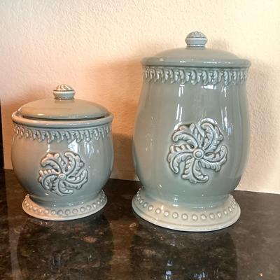 778 Pair of Green Ceramic Square Nests Canisters
