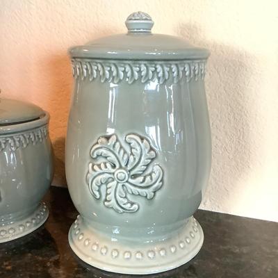 778 Pair of Green Ceramic Square Nests Canisters