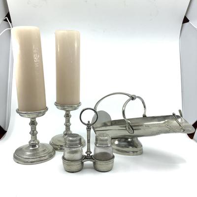 781 Pewter Italica Wine Bottle Holder, Pierre Deux Candle Sticks, and Arte Italica Salt & Pepper Shakers
