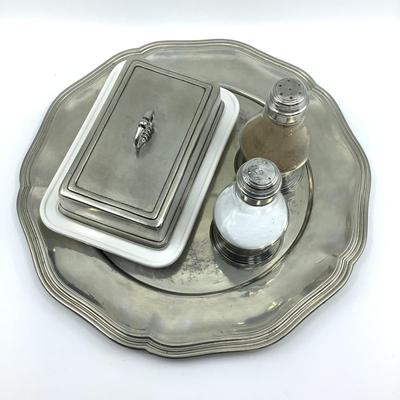 782 Pierre Deux Pewter Plate, Salt & Pepper, and Butter Disk by Arte Italica