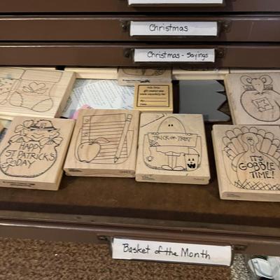 HUGE LOT - 17 Drawers of Wood Block Stamps + Ink - Crafting