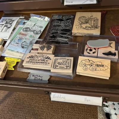 HUGE LOT - 17 Drawers of Wood Block Stamps + Ink - Crafting