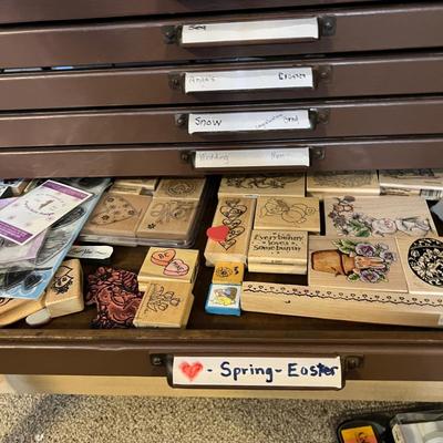 HUGE LOT - 17 Drawers of Wood Block Stamps + Ink - Crafting