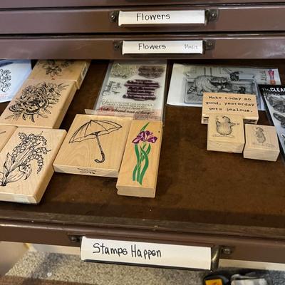 HUGE LOT - 17 Drawers of Wood Block Stamps + Ink - Crafting