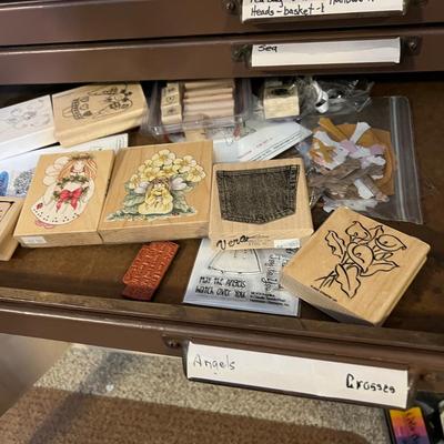 HUGE LOT - 17 Drawers of Wood Block Stamps + Ink - Crafting