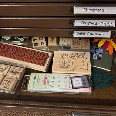 HUGE LOT - 17 Drawers of Wood Block Stamps + Ink - Crafting
