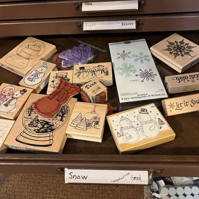 HUGE LOT - 17 Drawers of Wood Block Stamps + Ink - Crafting