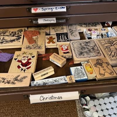 HUGE LOT - 17 Drawers of Wood Block Stamps + Ink - Crafting