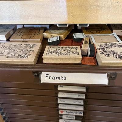 HUGE LOT - 17 Drawers of Wood Block Stamps + Ink - Crafting