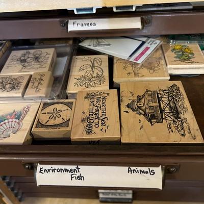 HUGE LOT - 17 Drawers of Wood Block Stamps + Ink - Crafting