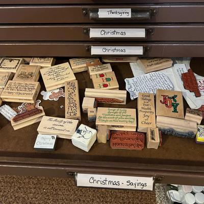HUGE LOT - 17 Drawers of Wood Block Stamps + Ink - Crafting