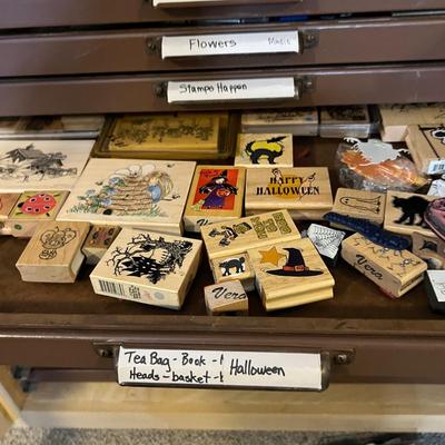 HUGE LOT - 17 Drawers of Wood Block Stamps + Ink - Crafting