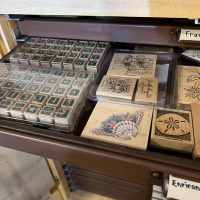 HUGE LOT - 17 Drawers of Wood Block Stamps + Ink - Crafting