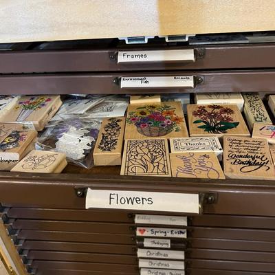 HUGE LOT - 17 Drawers of Wood Block Stamps + Ink - Crafting
