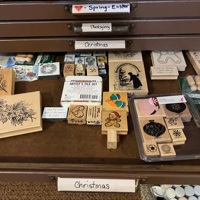 HUGE LOT - 17 Drawers of Wood Block Stamps + Ink - Crafting
