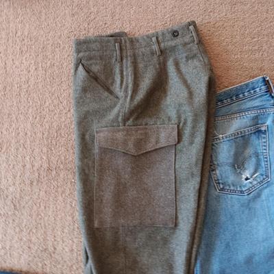 2 PAIRS OF BROKEN IN LEVI JEANS 505 AND A PAIR OF WOOL PANTS