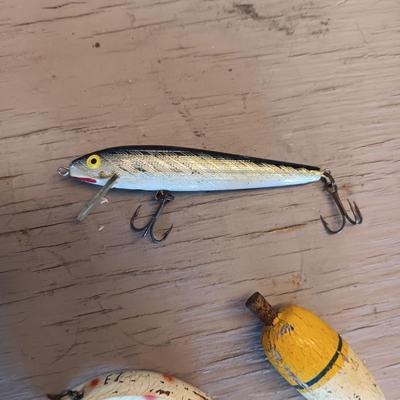 VINTAGE FISHING LURES AND WOODEN BOBBER