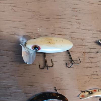 VINTAGE FISHING LURES AND WOODEN BOBBER