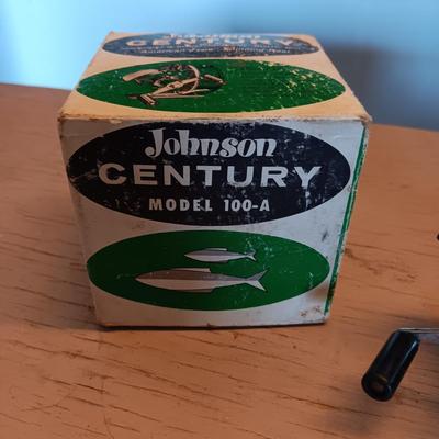 JOHNSON "THE CENTURY" 100A REEL, DOVETAILED WOODEN BOX AND CORK TACKLE