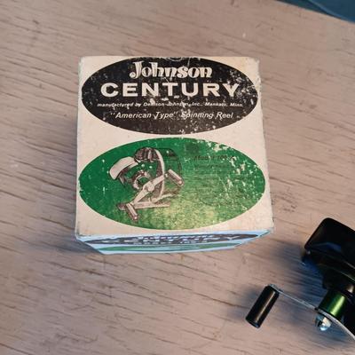 JOHNSON "THE CENTURY" 100A REEL, DOVETAILED WOODEN BOX AND CORK TACKLE