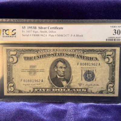 1953 B Five Dollar Silver Certificate Graded VF 30