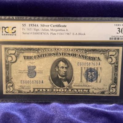 1934 A Five Dollar Silver Certificate Graded VF 30