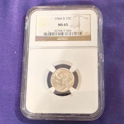 1964 D Roosevelt Dime Graded MS 65